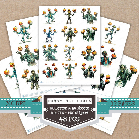 Halloween Watercolour Zombie Juggler fussy cut printable sheets for junk journaling, scrapbooking, and paper craft projects