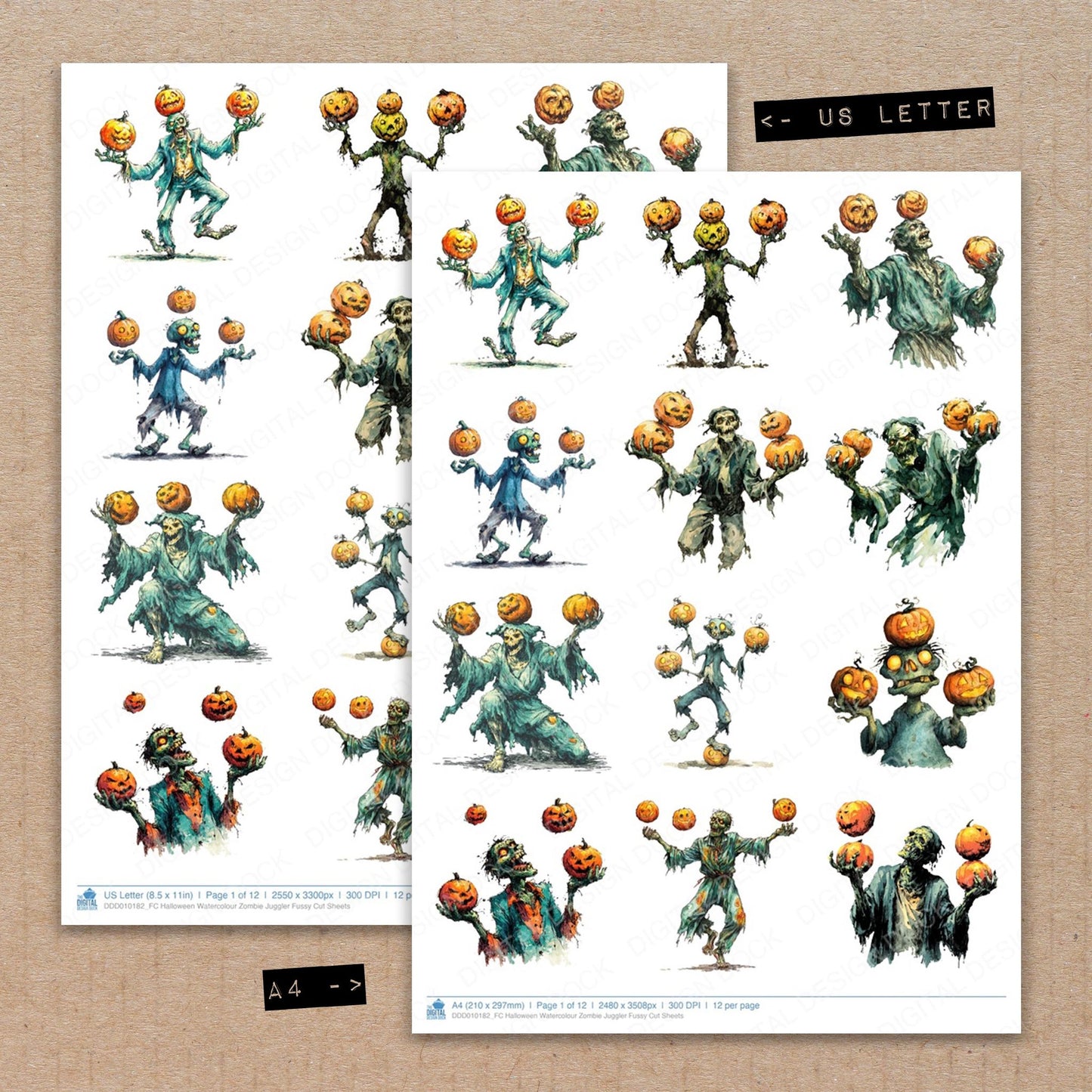 A4 and US Letter format comparison showing Halloween Watercolour Zombie Juggler fussy cut pages for print and cut crafting
