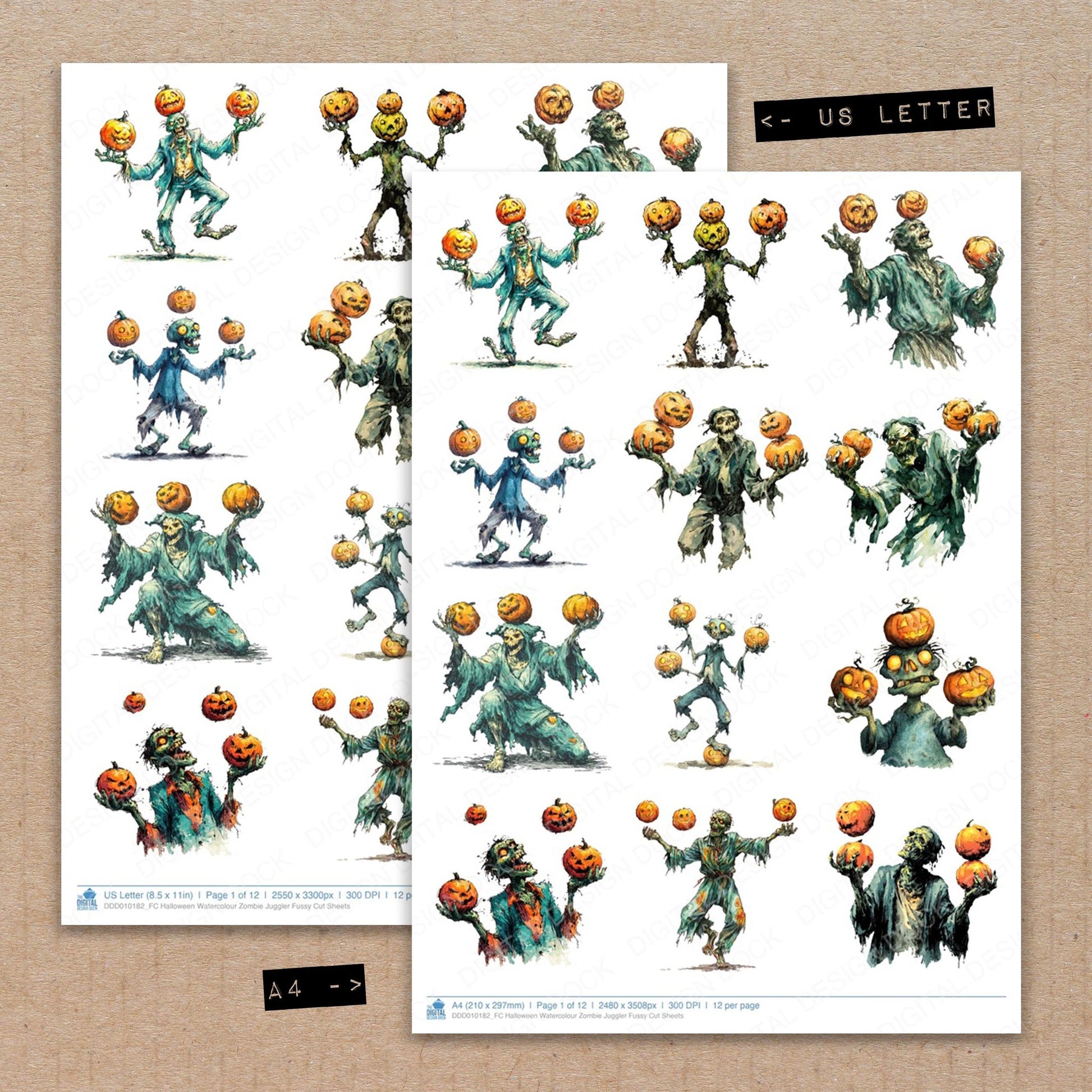A4 and US Letter format comparison showing Halloween Watercolour Zombie Juggler fussy cut pages for print and cut crafting