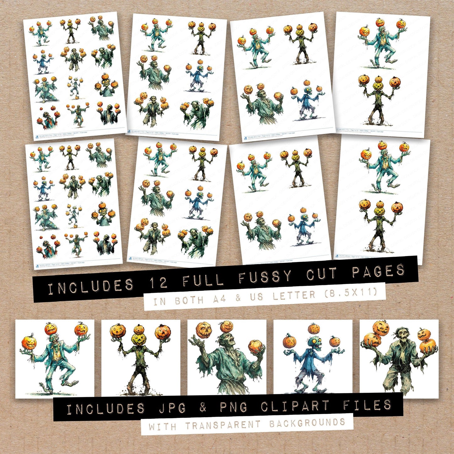 Full collection view of Halloween Watercolour Zombie Juggler fussy cut sheets with bonus clipart JPG and PNG files