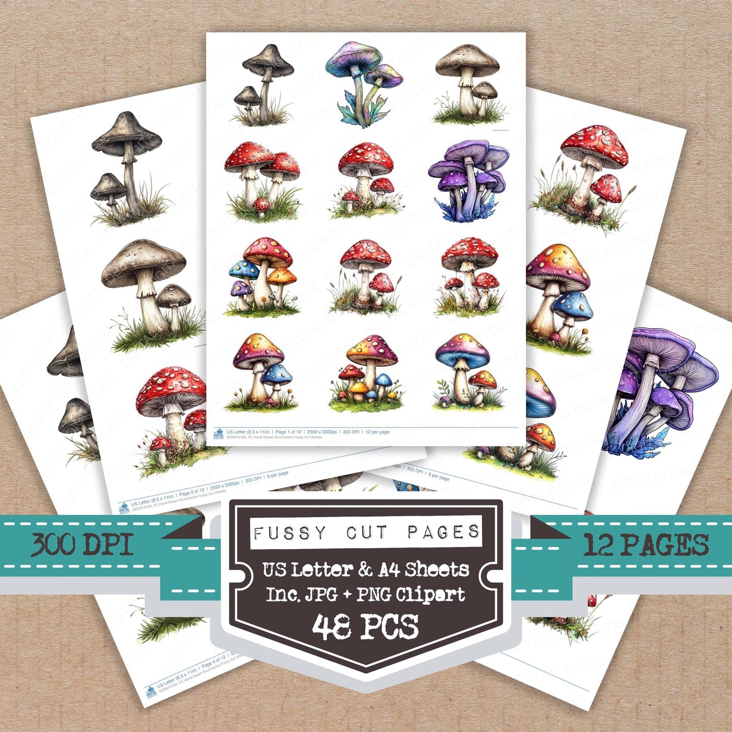 Hand Drawn Mushrooms Fussy Cut Sheets (DDD010183)