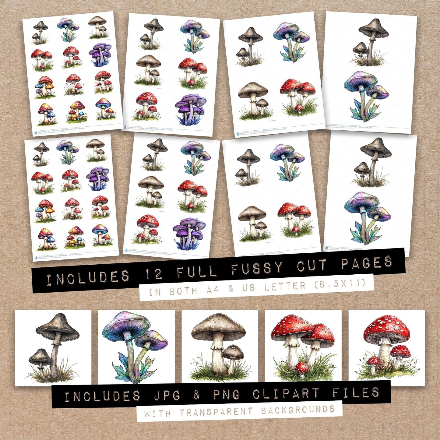 Hand Drawn Mushrooms Fussy Cut Sheets (DDD010183)