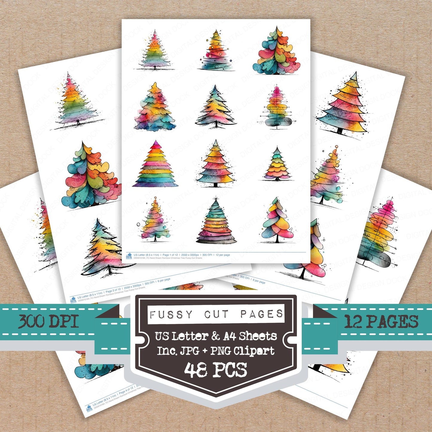 Hand Drawn Rainbow Christmas Tree fussy cut printable sheets for junk journaling, scrapbooking, and paper craft projects