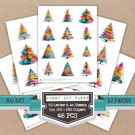 Hand Drawn Rainbow Christmas Tree fussy cut printable sheets for junk journaling, scrapbooking, and paper craft projects