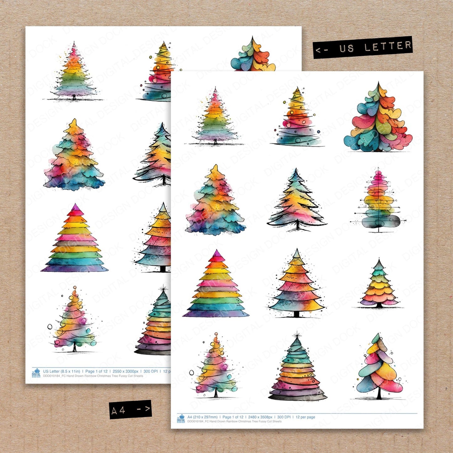 A4 and US Letter format comparison showing Hand Drawn Rainbow Christmas Tree fussy cut pages for print and cut crafting