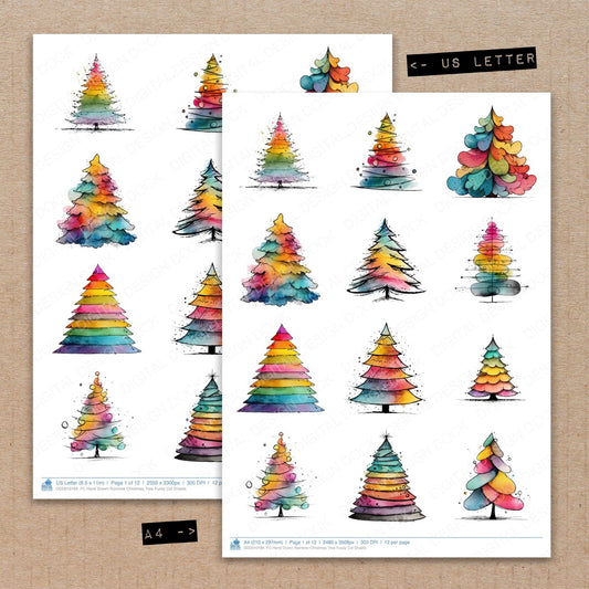 A4 and US Letter format comparison showing Hand Drawn Rainbow Christmas Tree fussy cut pages for print and cut crafting