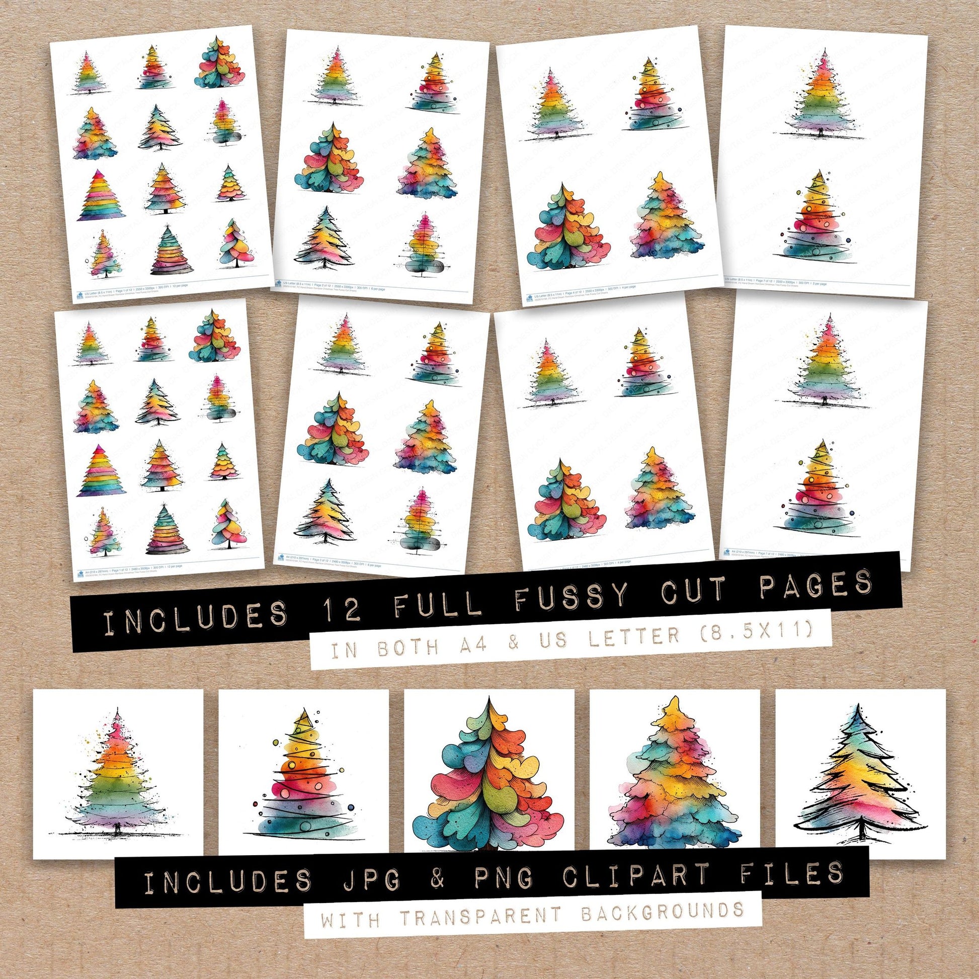 Full collection view of Hand Drawn Rainbow Christmas Tree fussy cut sheets with bonus clipart JPG and PNG files