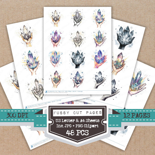 Hand Holding Crystals fussy cut printable sheets for junk journaling, scrapbooking, and paper craft projects