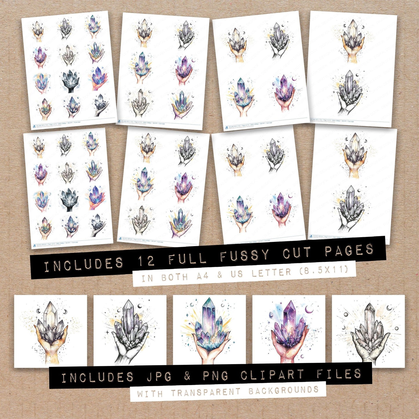 Full collection view of Hand Holding Crystals fussy cut sheets with bonus clipart JPG and PNG files