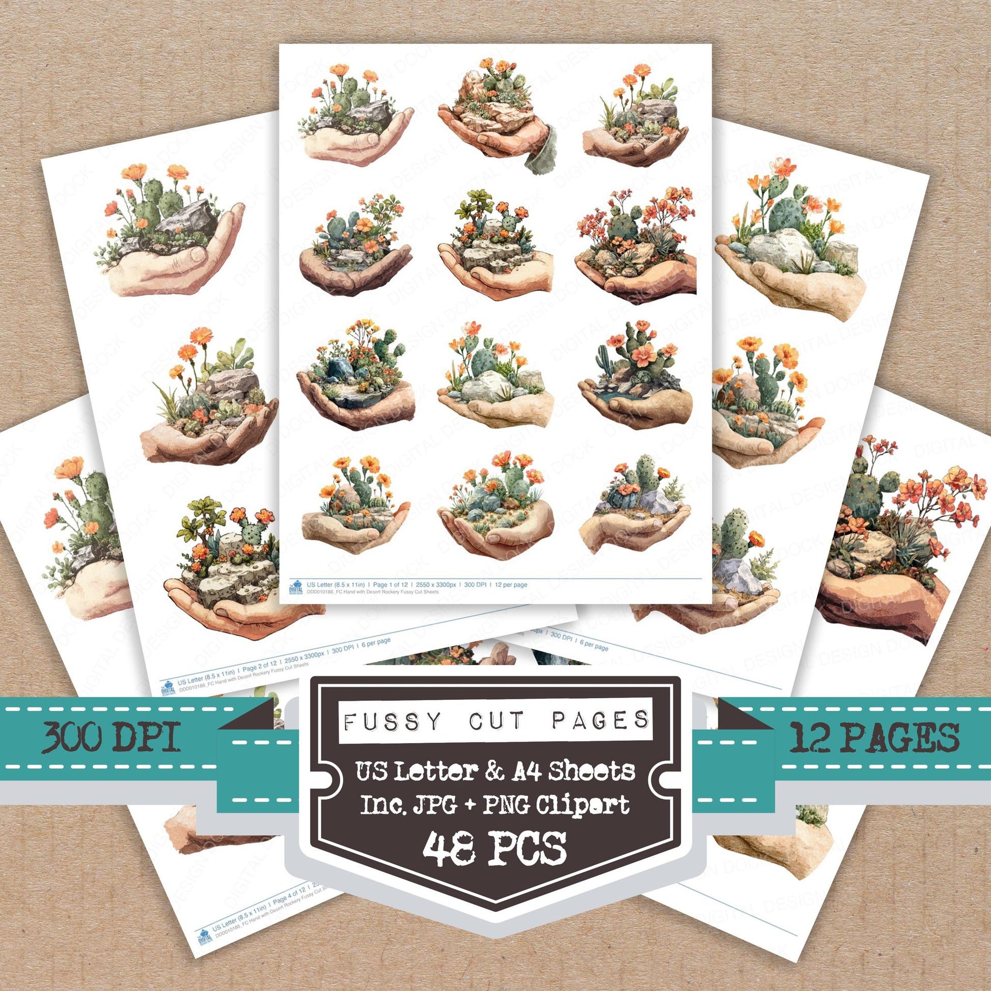 Hand with Desert Rockery fussy cut printable sheets for junk journaling, scrapbooking, and paper craft projects
