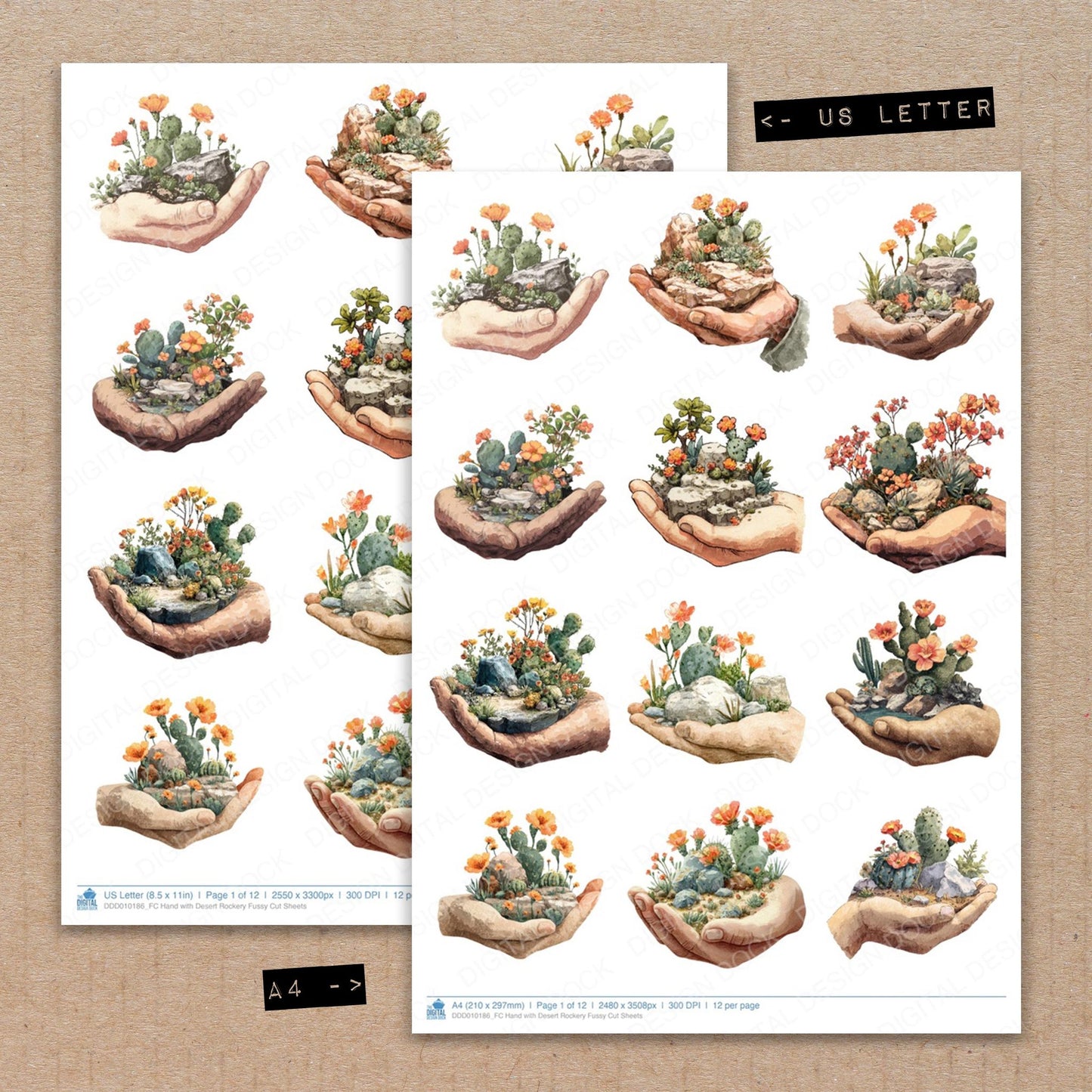 A4 and US Letter format comparison showing Hand with Desert Rockery fussy cut pages for print and cut crafting