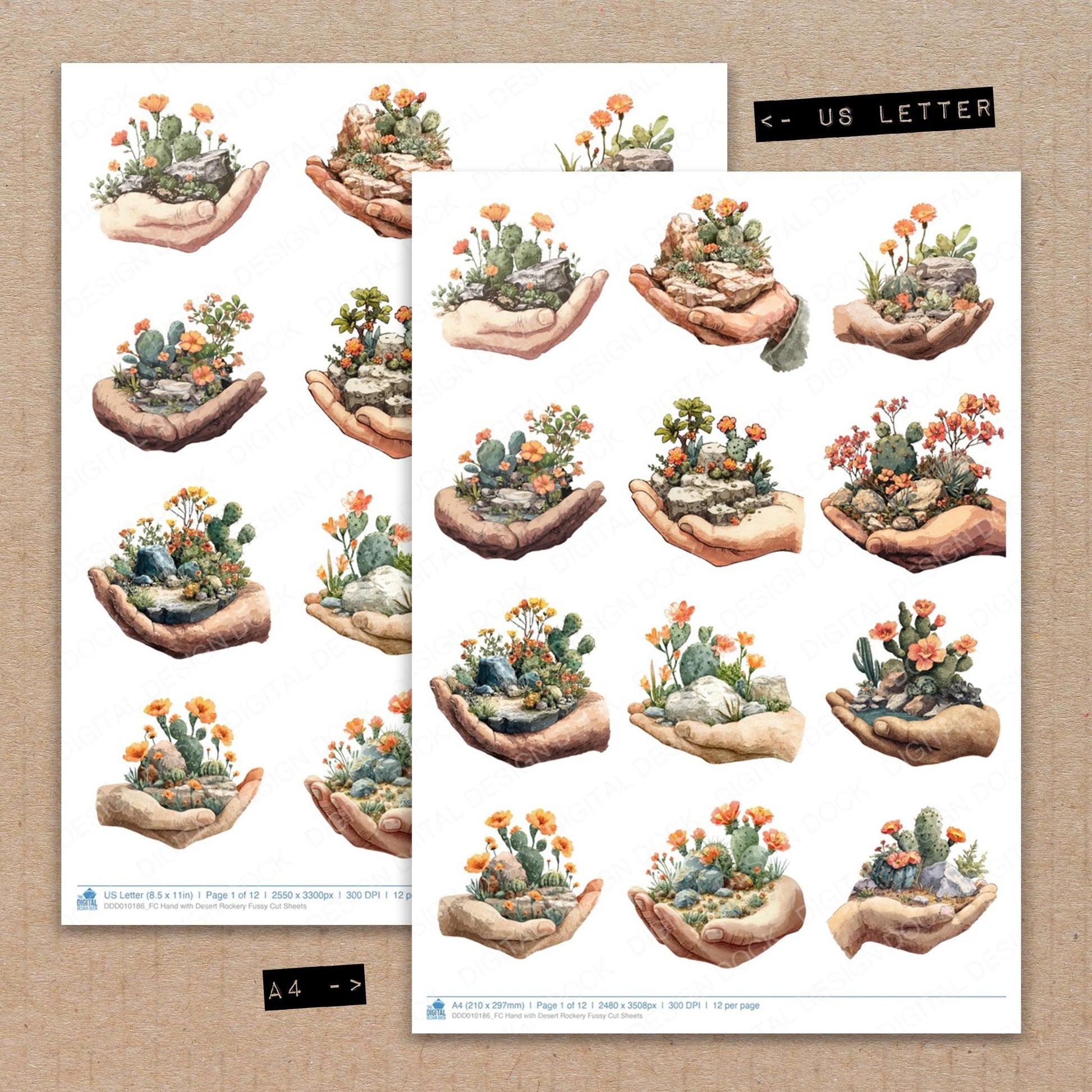 A4 and US Letter format comparison showing Hand with Desert Rockery fussy cut pages for print and cut crafting