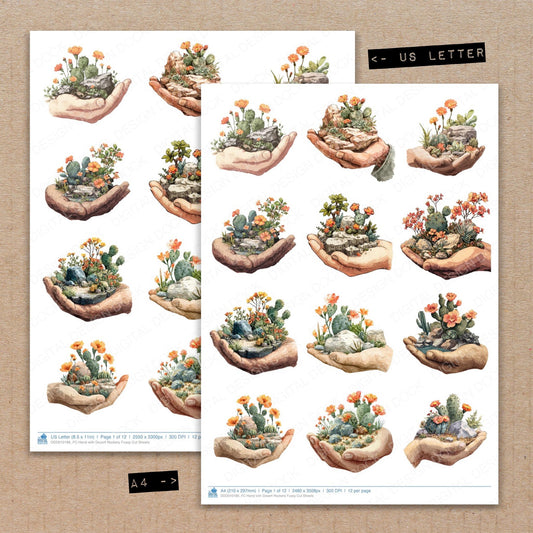 A4 and US Letter format comparison showing Hand with Desert Rockery fussy cut pages for print and cut crafting