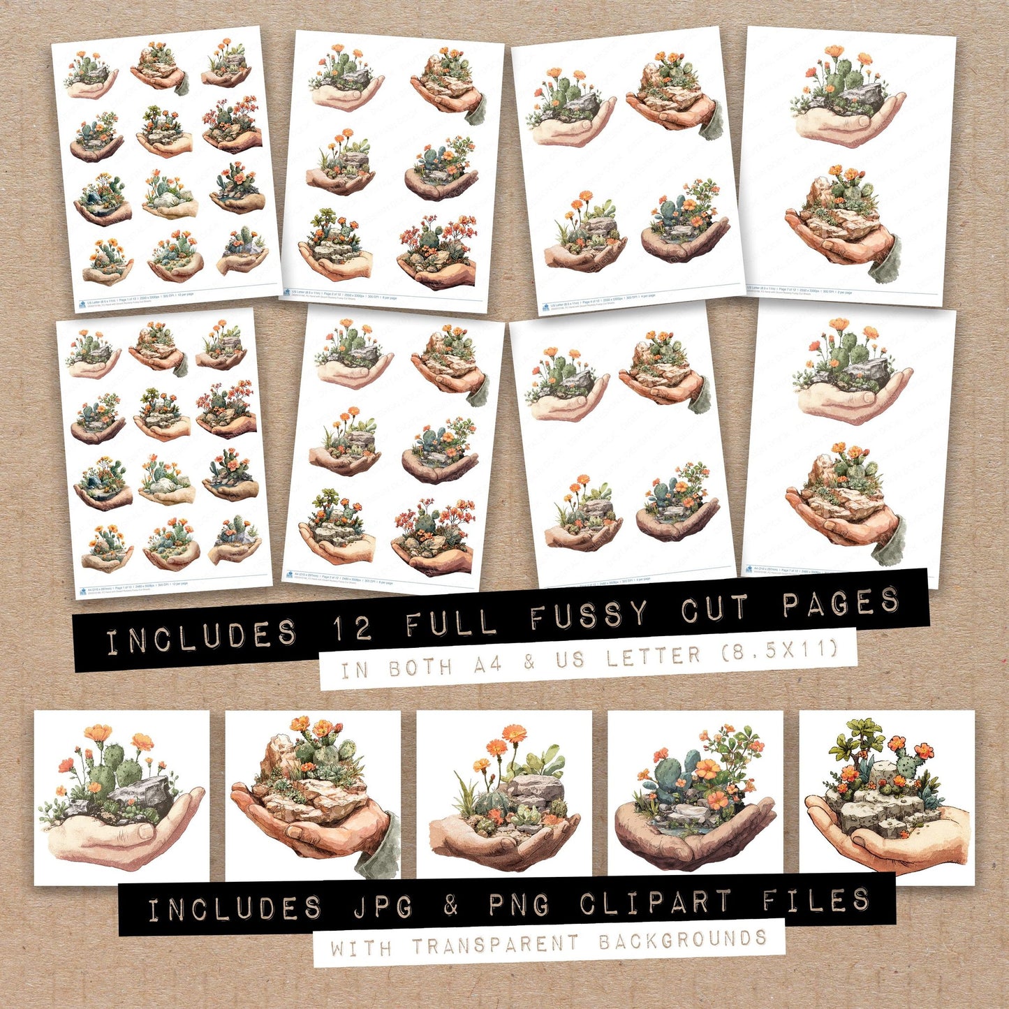 Full collection view of Hand with Desert Rockery fussy cut sheets with bonus clipart JPG and PNG files