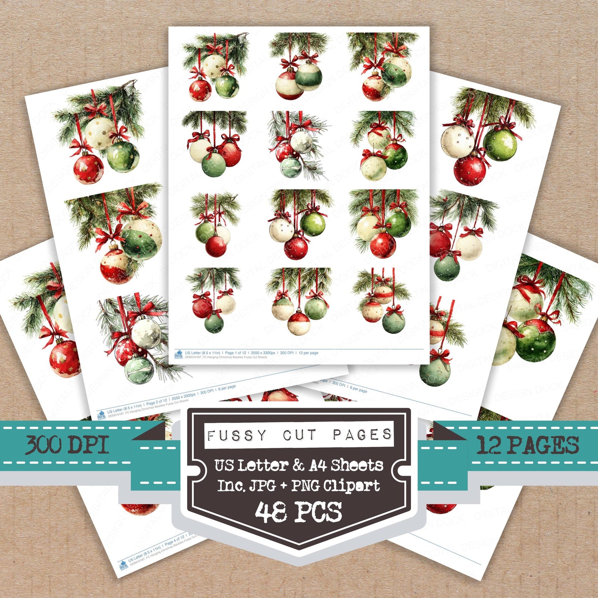 Hanging Christmas Baubles fussy cut printable sheets for junk journaling, scrapbooking, and paper craft projects