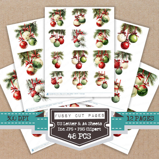 Hanging Christmas Baubles fussy cut printable sheets for junk journaling, scrapbooking, and paper craft projects
