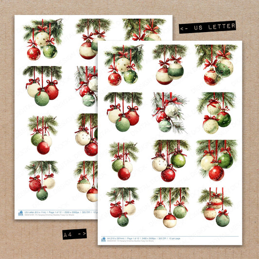 A4 and US Letter format comparison showing Hanging Christmas Baubles fussy cut pages for print and cut crafting