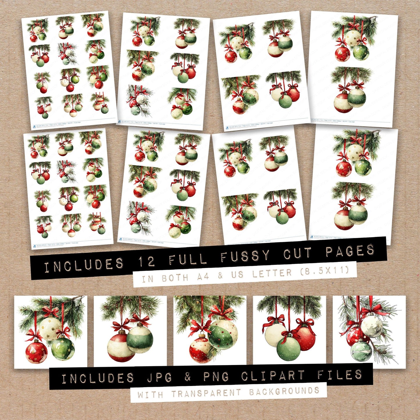 Full collection view of Hanging Christmas Baubles fussy cut sheets with bonus clipart JPG and PNG files