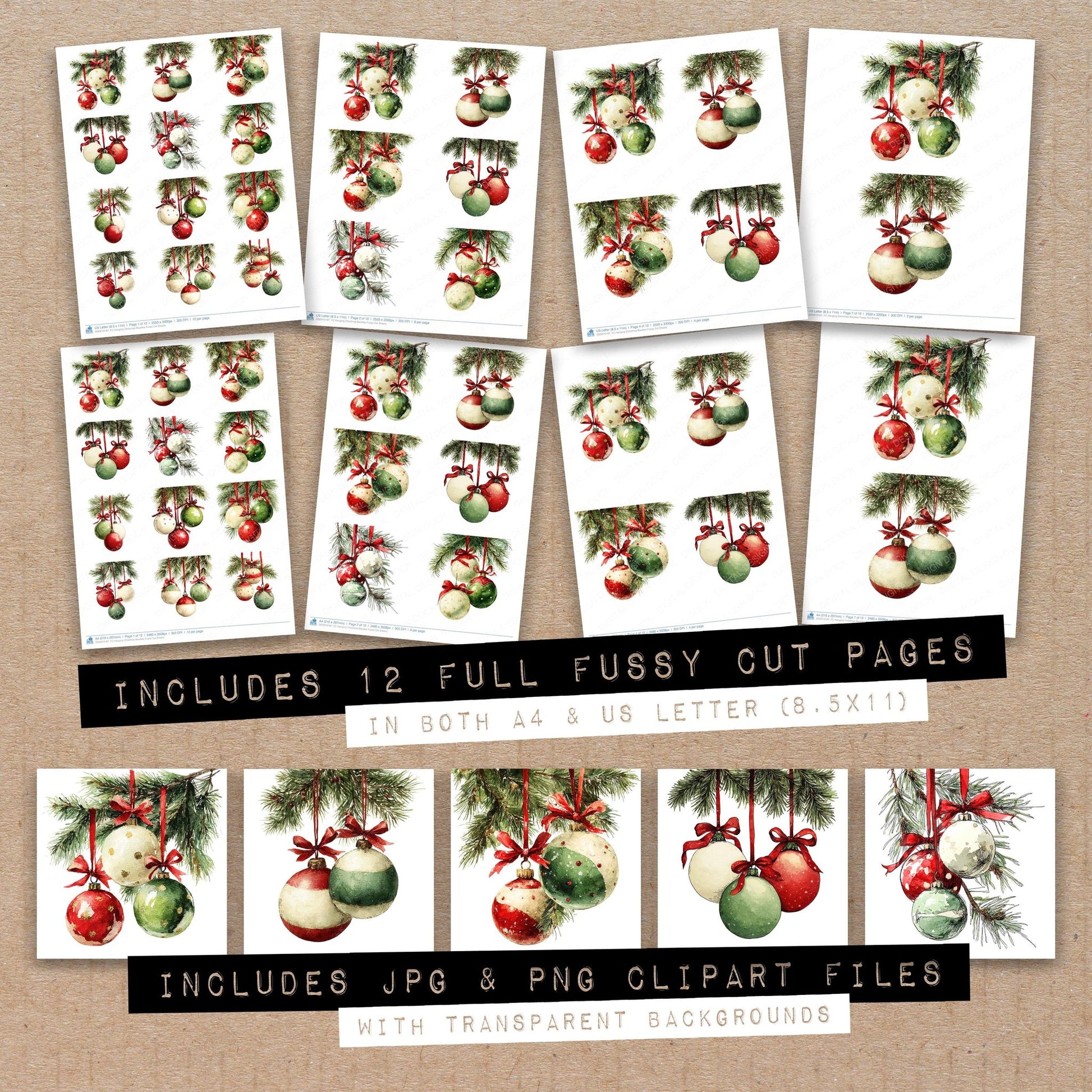 Full collection view of Hanging Christmas Baubles fussy cut sheets with bonus clipart JPG and PNG files