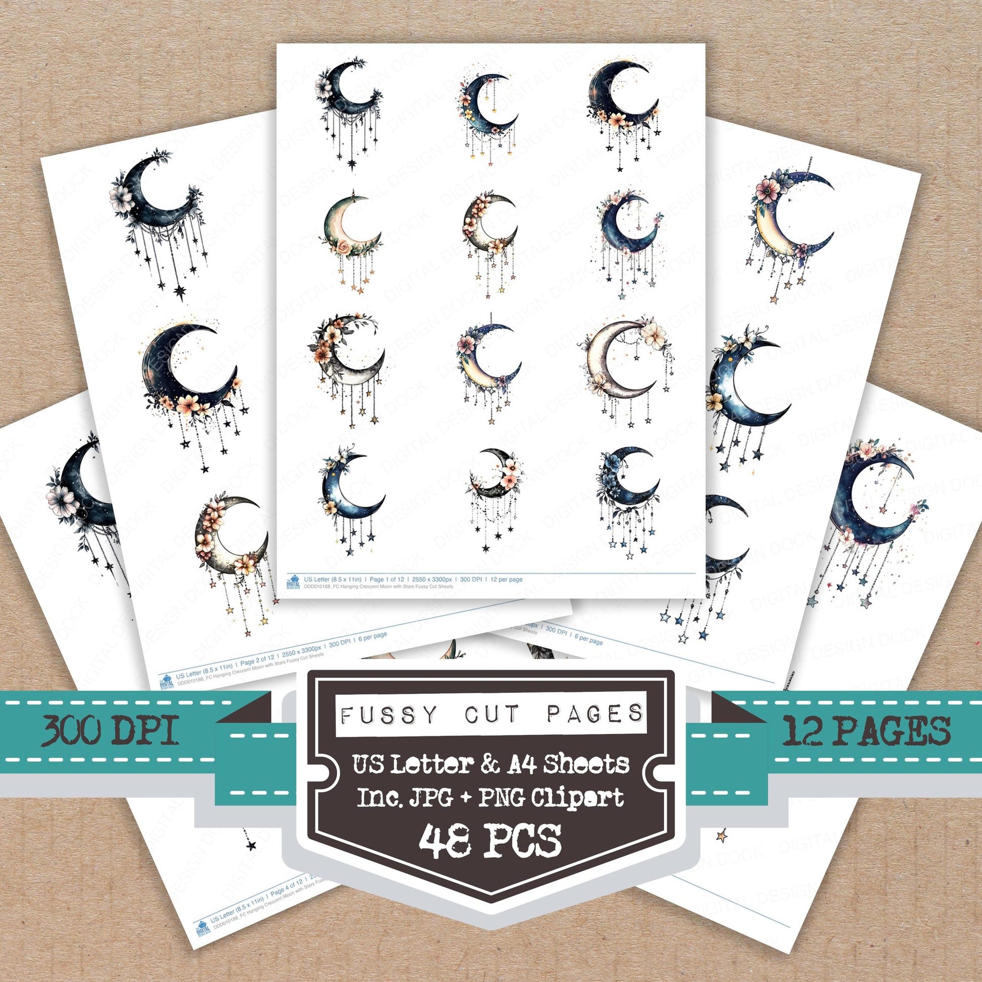 Hanging Crescent Moon with Stars fussy cut printable sheets for junk journaling, scrapbooking, and paper craft projects