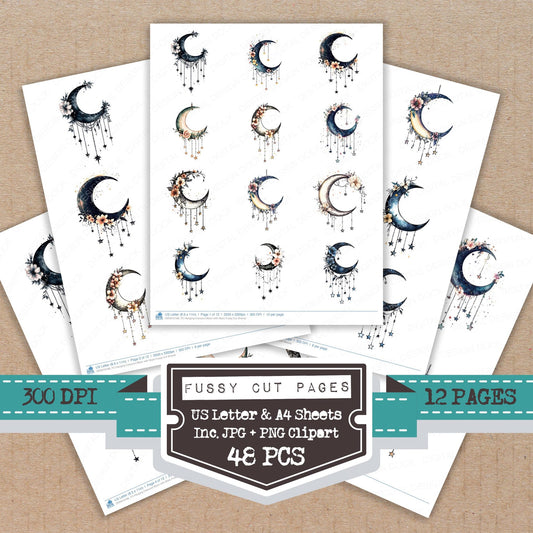 Hanging Crescent Moon with Stars fussy cut printable sheets for junk journaling, scrapbooking, and paper craft projects