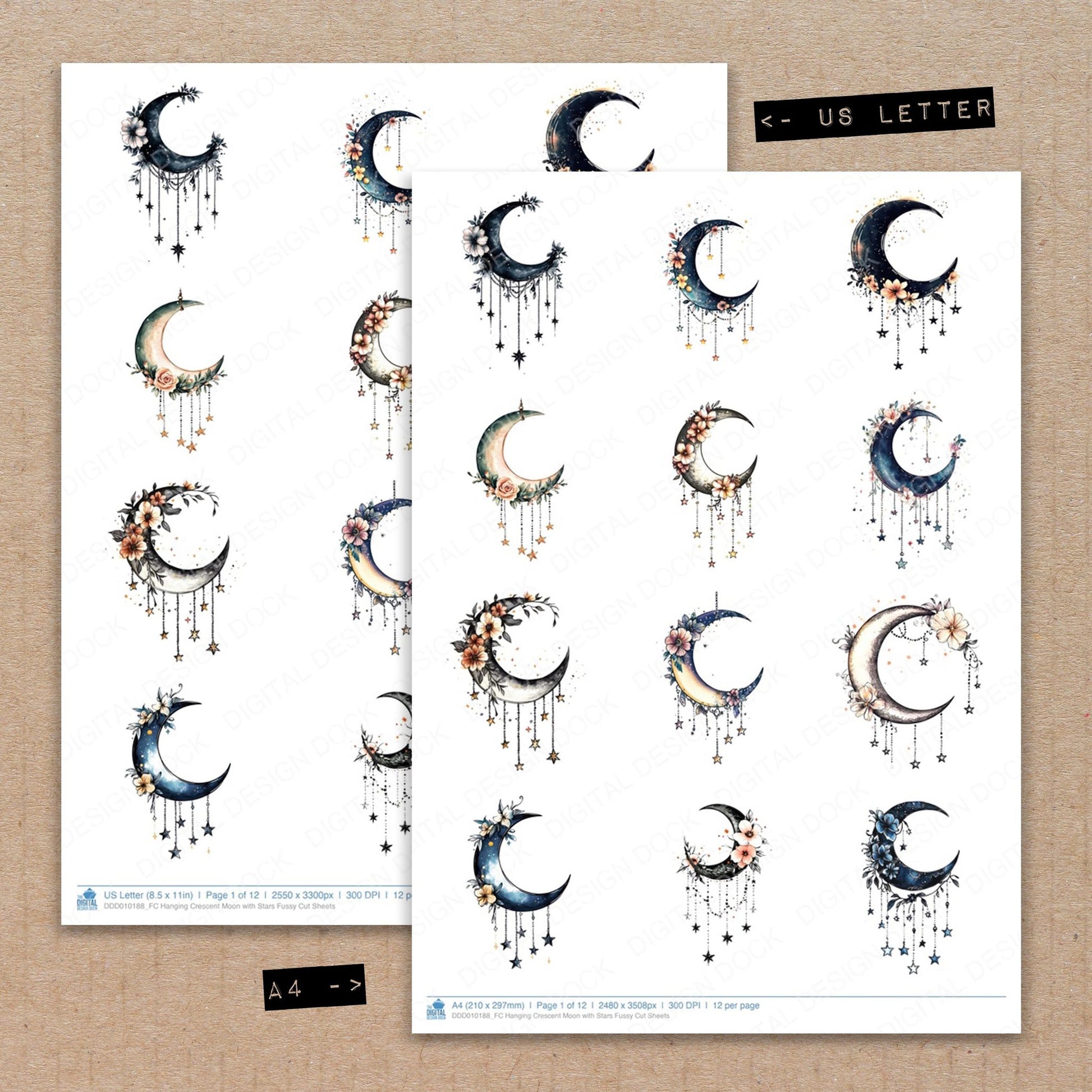A4 and US Letter format comparison showing Hanging Crescent Moon with Stars fussy cut pages for print and cut crafting