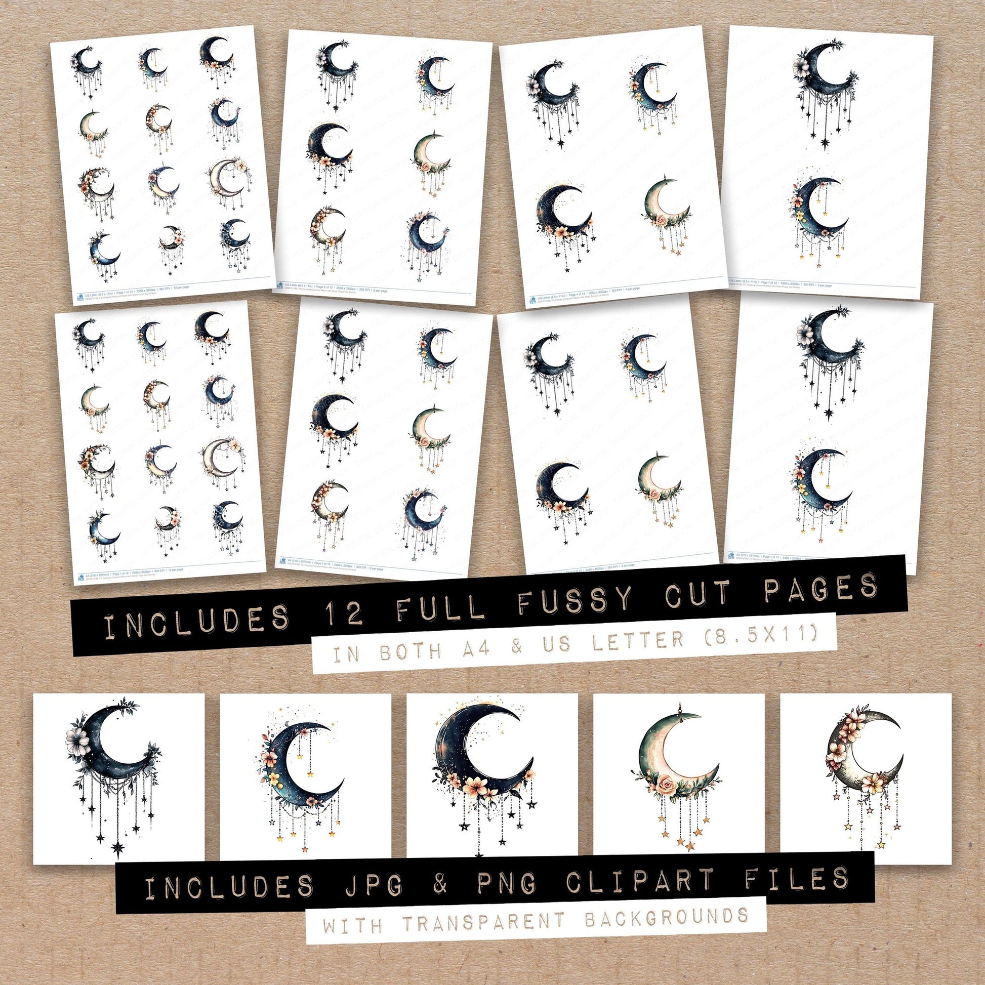 Full collection view of Hanging Crescent Moon with Stars fussy cut sheets with bonus clipart JPG and PNG files