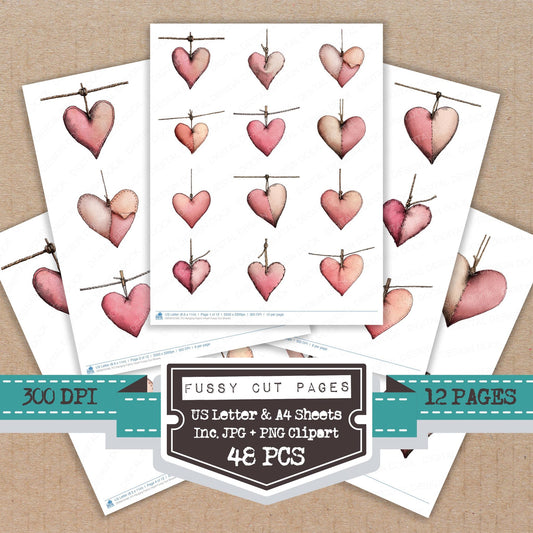 Hanging Fabric Heart fussy cut printable sheets for junk journaling, scrapbooking, and paper craft projects