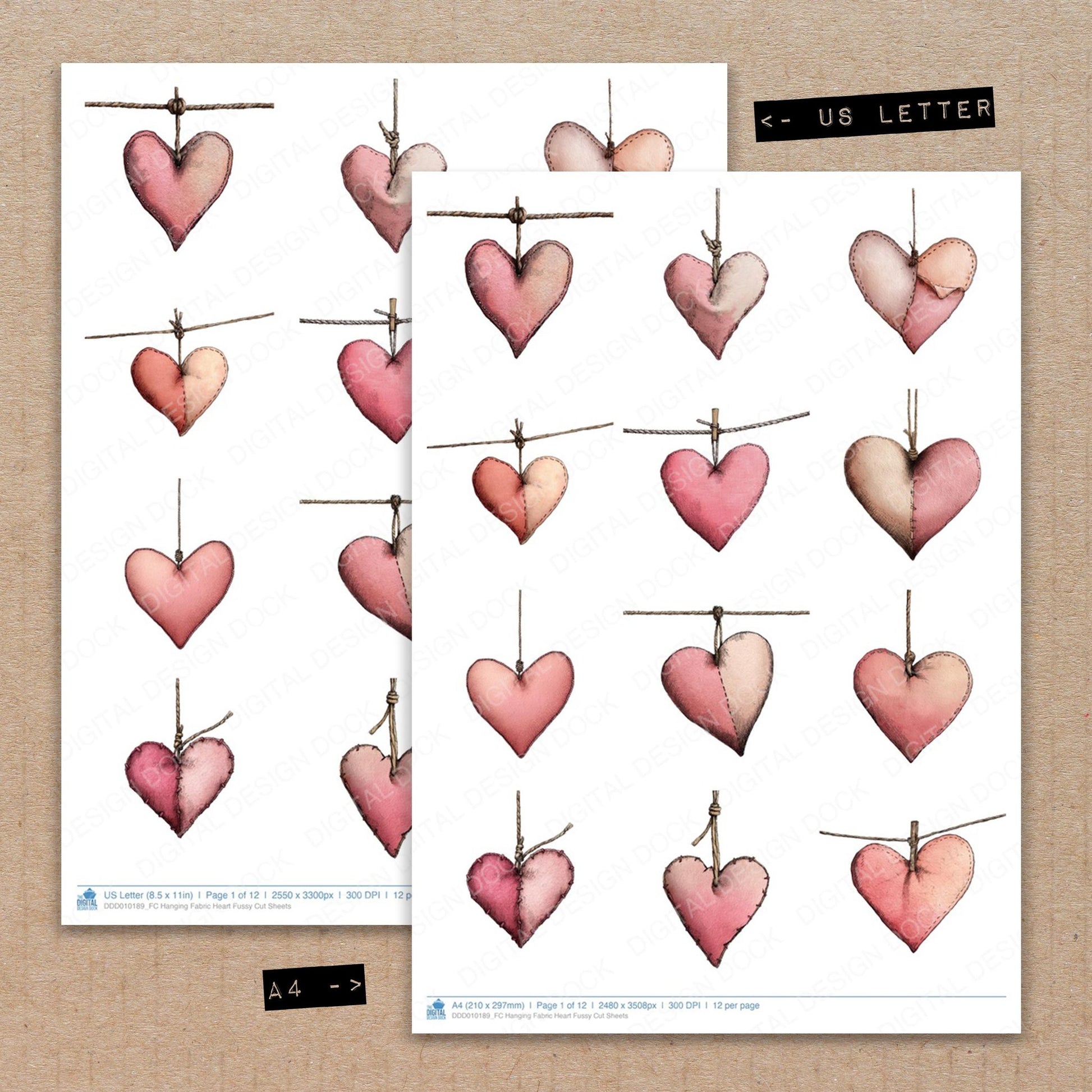 A4 and US Letter format comparison showing Hanging Fabric Heart fussy cut pages for print and cut crafting