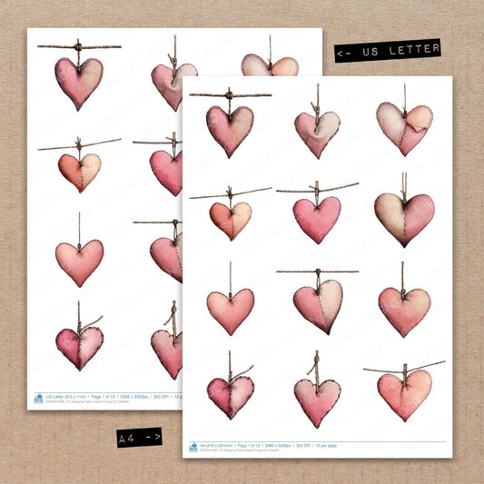 A4 and US Letter format comparison showing Hanging Fabric Heart fussy cut pages for print and cut crafting