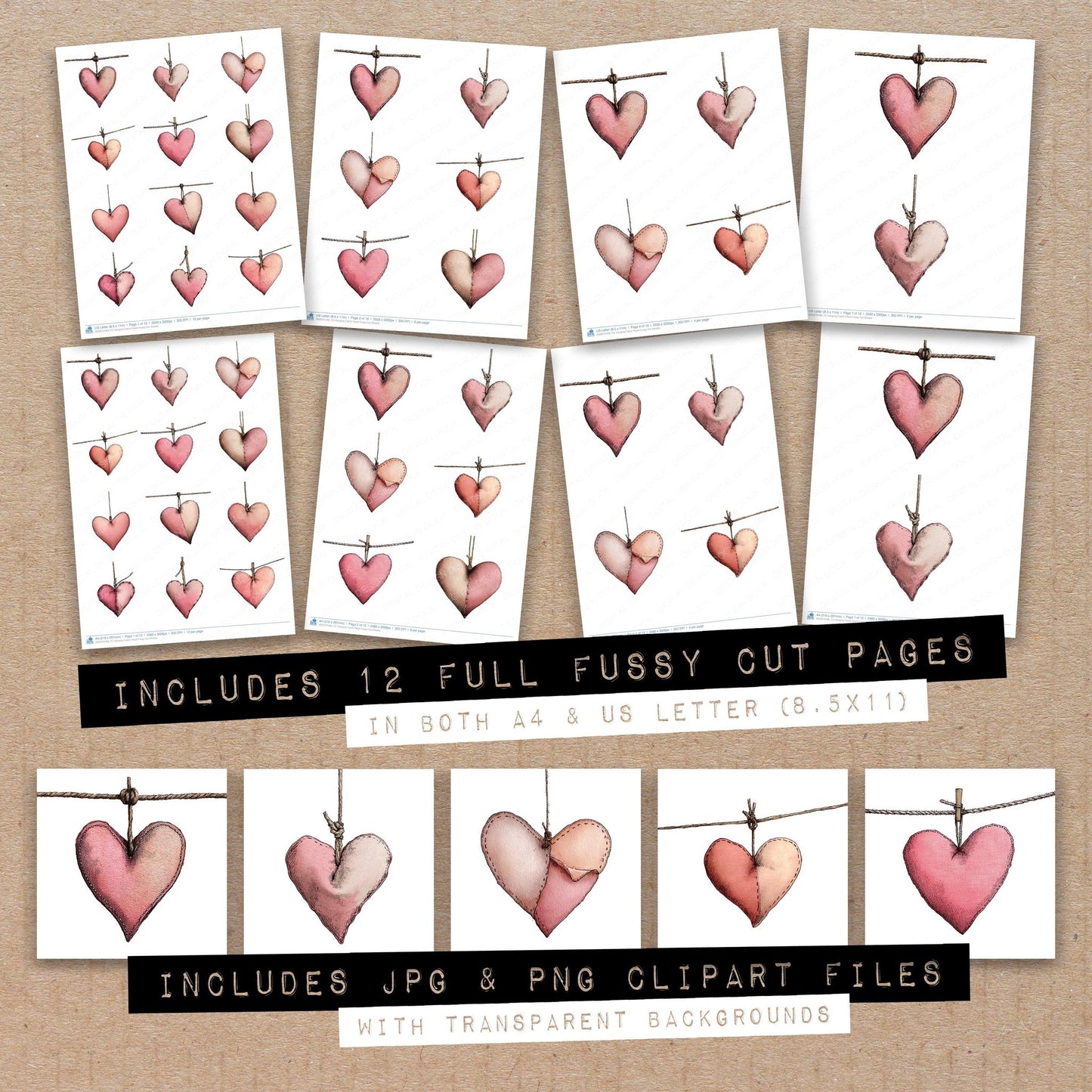 Full collection view of Hanging Fabric Heart fussy cut sheets with bonus clipart JPG and PNG files