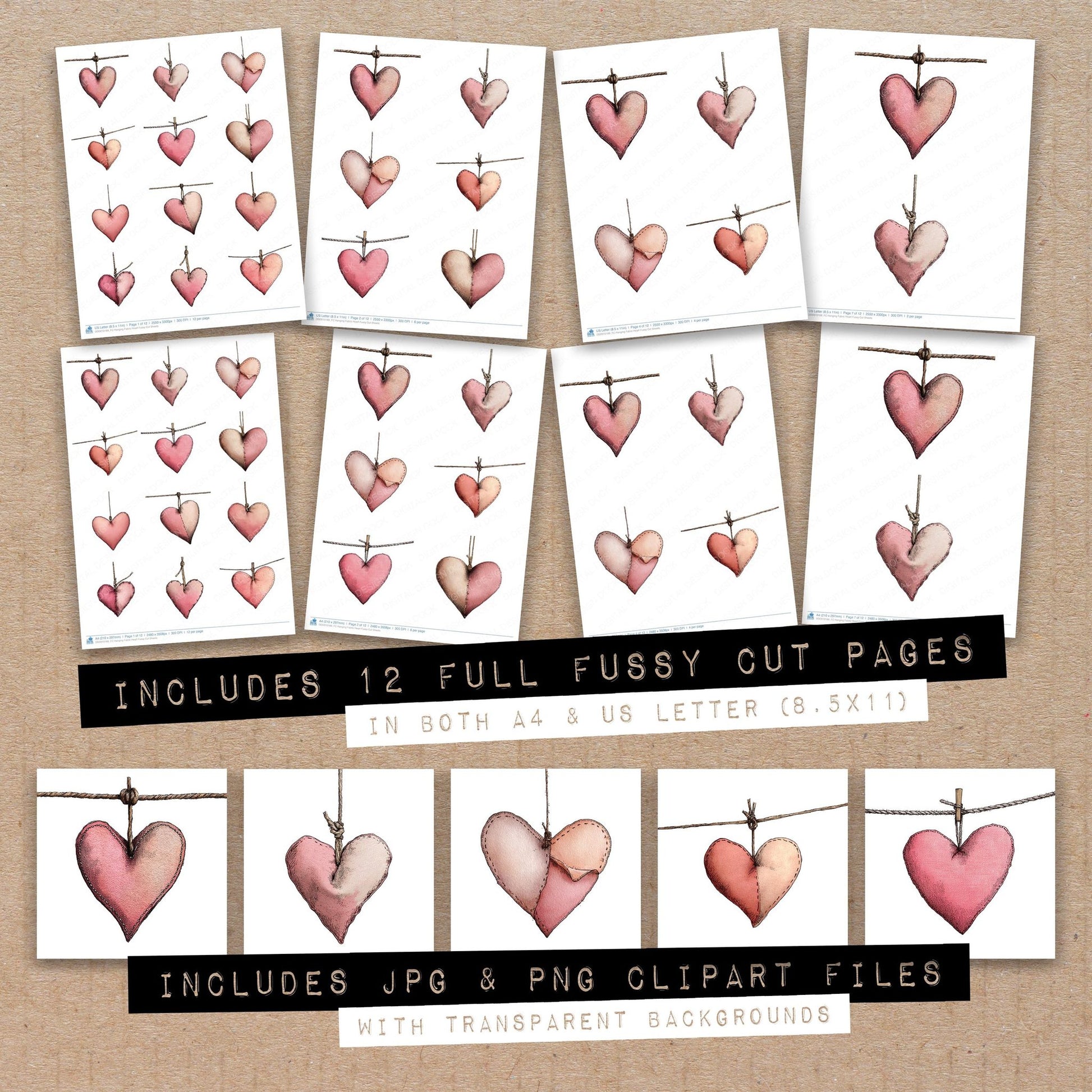 Full collection view of Hanging Fabric Heart fussy cut sheets with bonus clipart JPG and PNG files