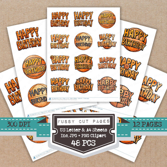 Happy Birthday Basketball Theme fussy cut printable sheets for junk journaling, scrapbooking, and paper craft projects