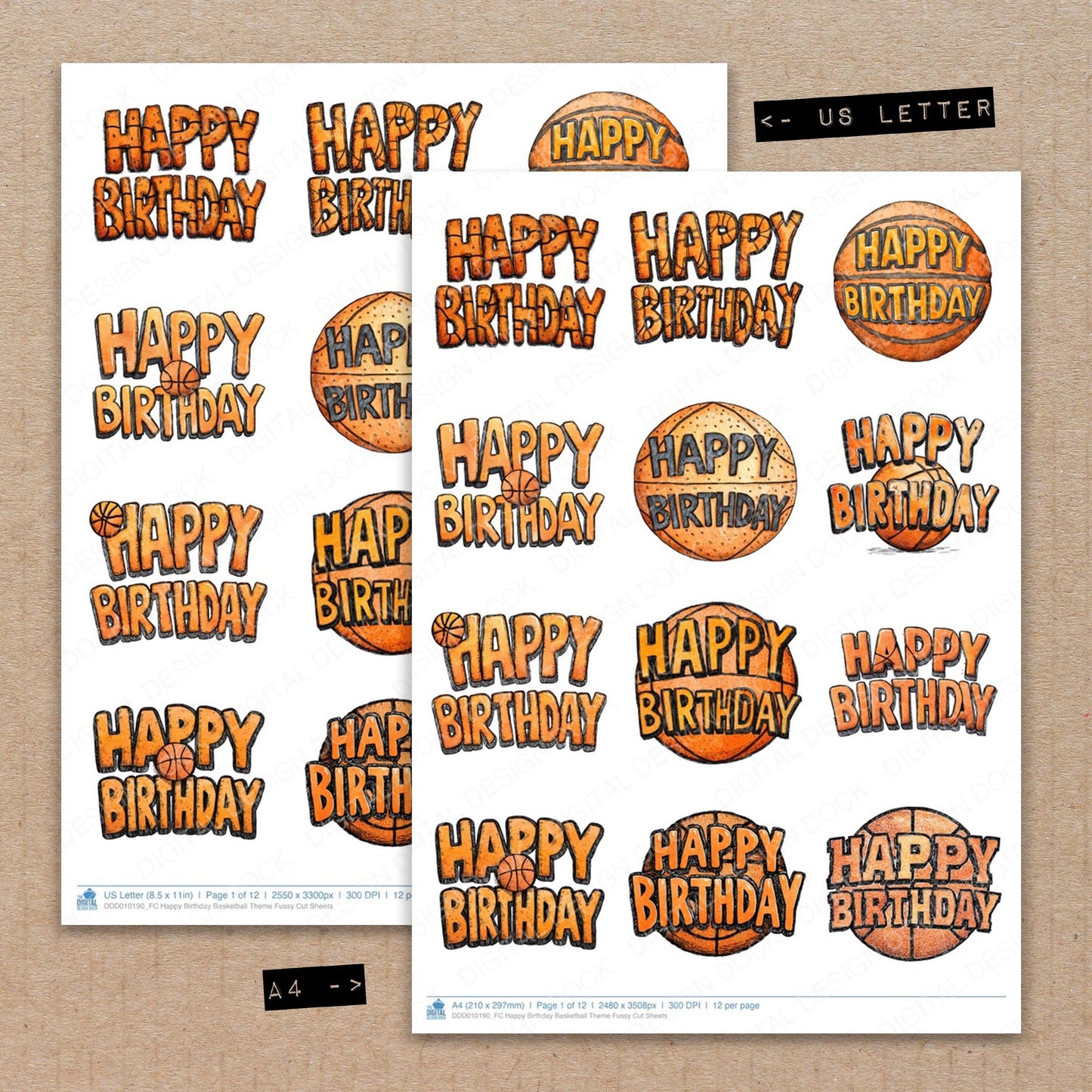 A4 and US Letter format comparison showing Happy Birthday Basketball Theme fussy cut pages for print and cut crafting