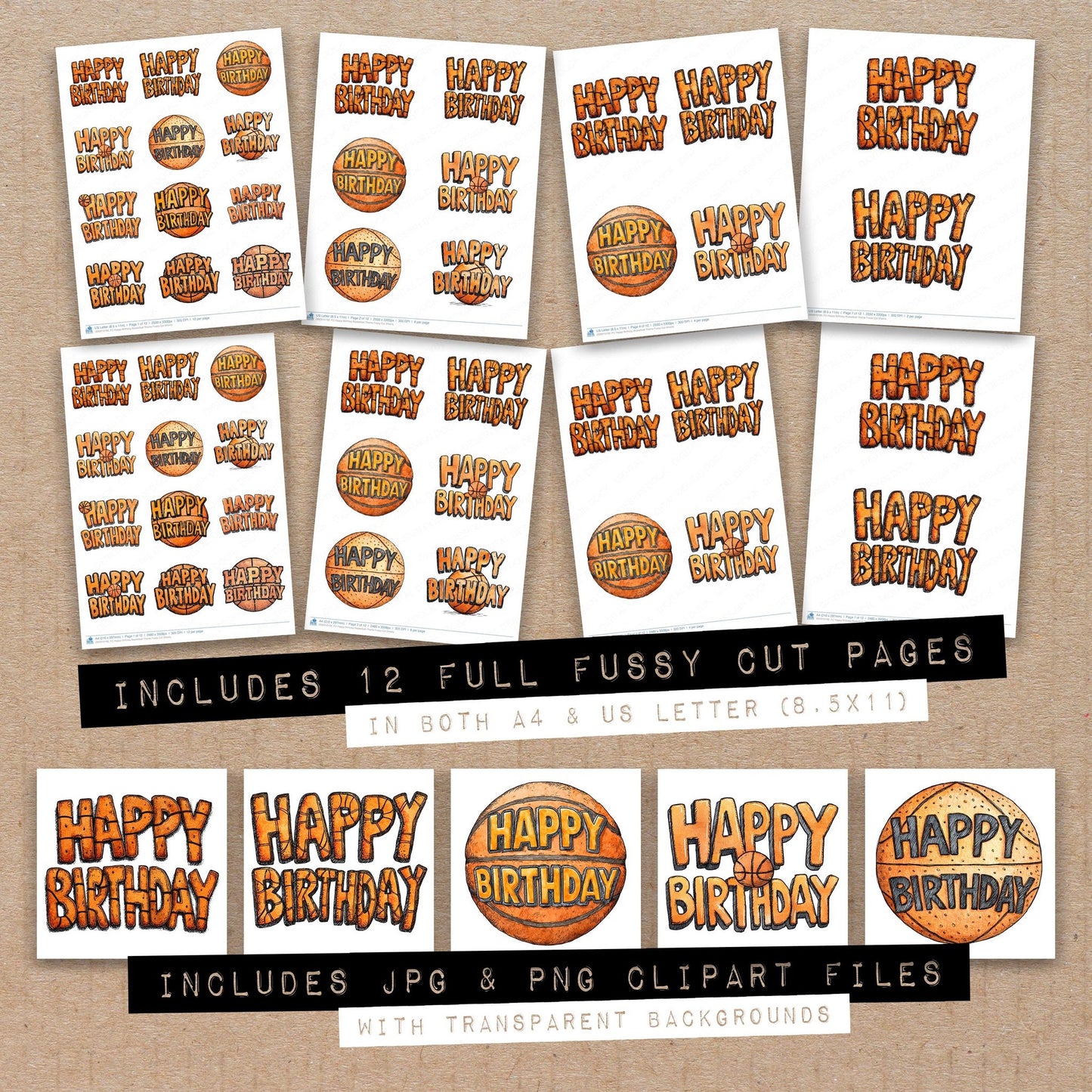 Full collection view of Happy Birthday Basketball Theme fussy cut sheets with bonus clipart JPG and PNG files