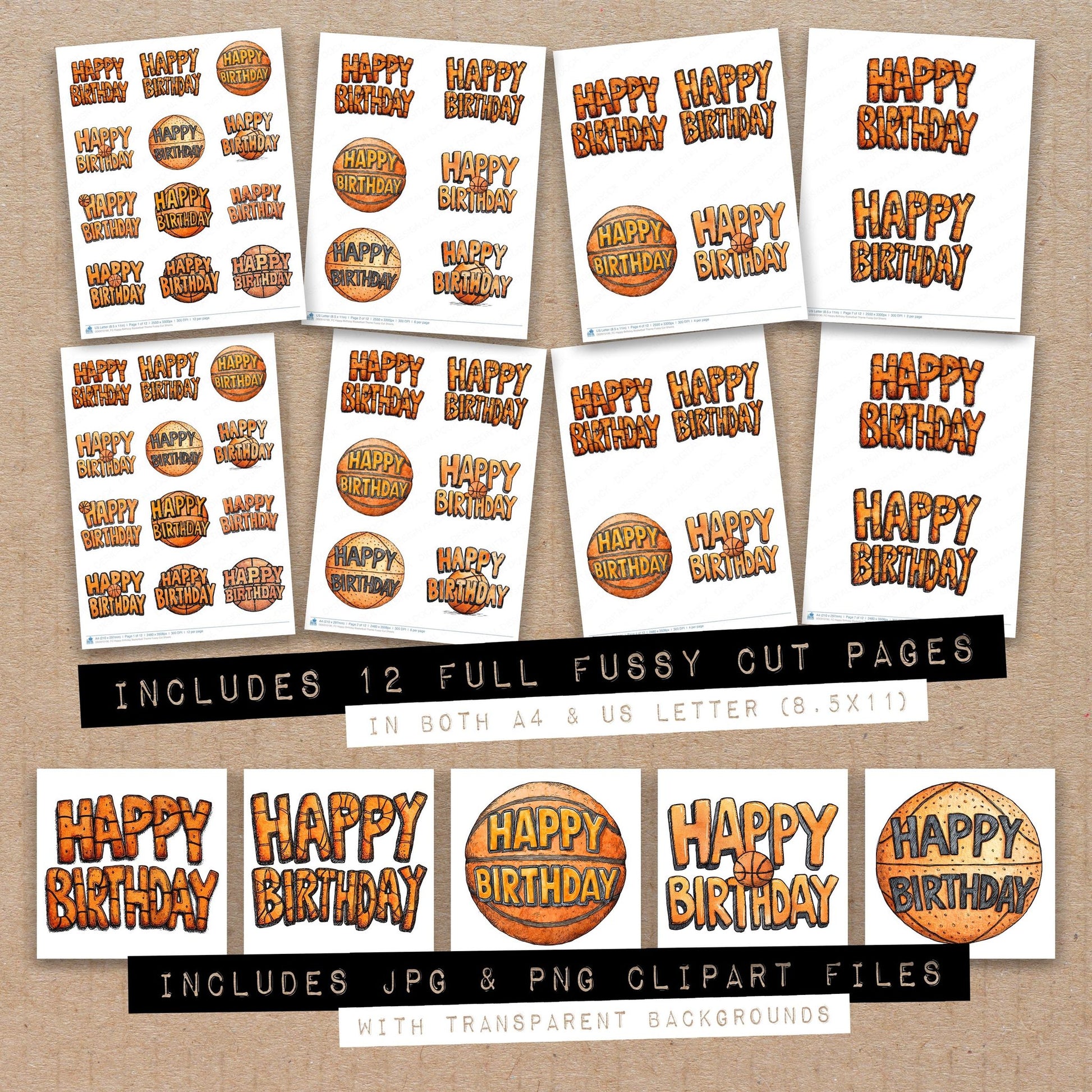 Full collection view of Happy Birthday Basketball Theme fussy cut sheets with bonus clipart JPG and PNG files