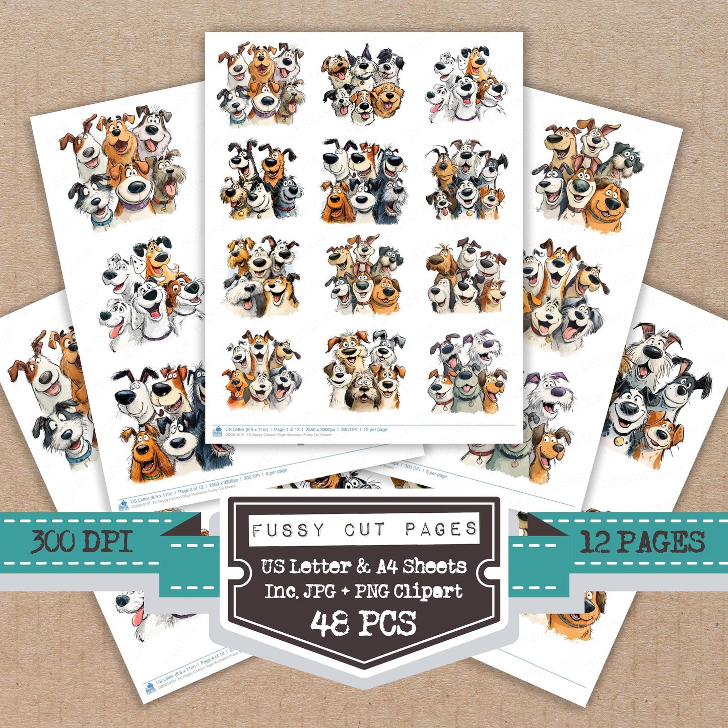 Happy Cartoon Dogs Illustration fussy cut printable sheets for junk journaling, scrapbooking, and paper craft projects