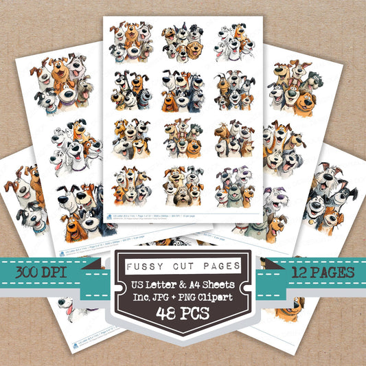 Happy Cartoon Dogs Illustration fussy cut printable sheets for junk journaling, scrapbooking, and paper craft projects