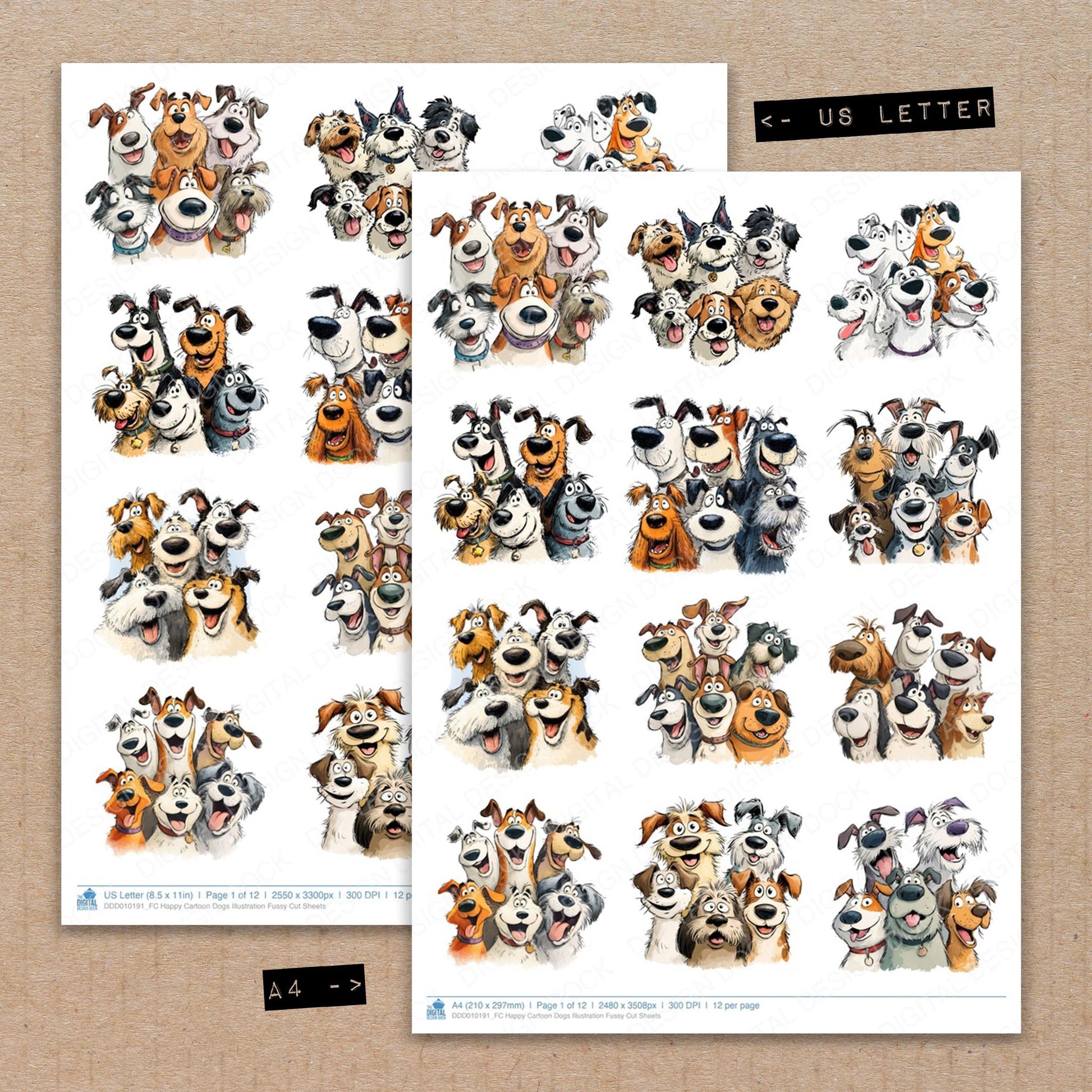 A4 and US Letter format comparison showing Happy Cartoon Dogs Illustration fussy cut pages for print and cut crafting
