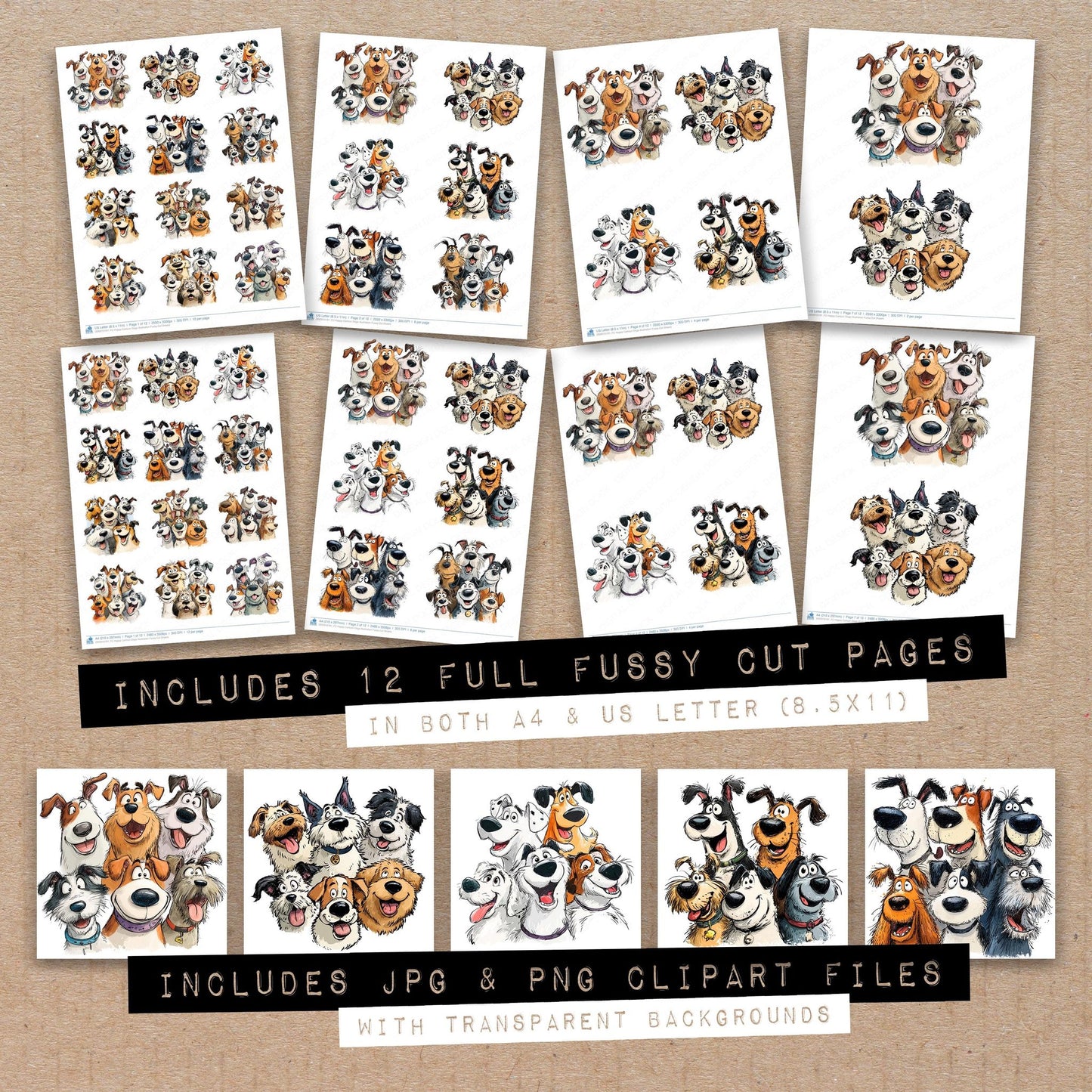 Full collection view of Happy Cartoon Dogs Illustration fussy cut sheets with bonus clipart JPG and PNG files