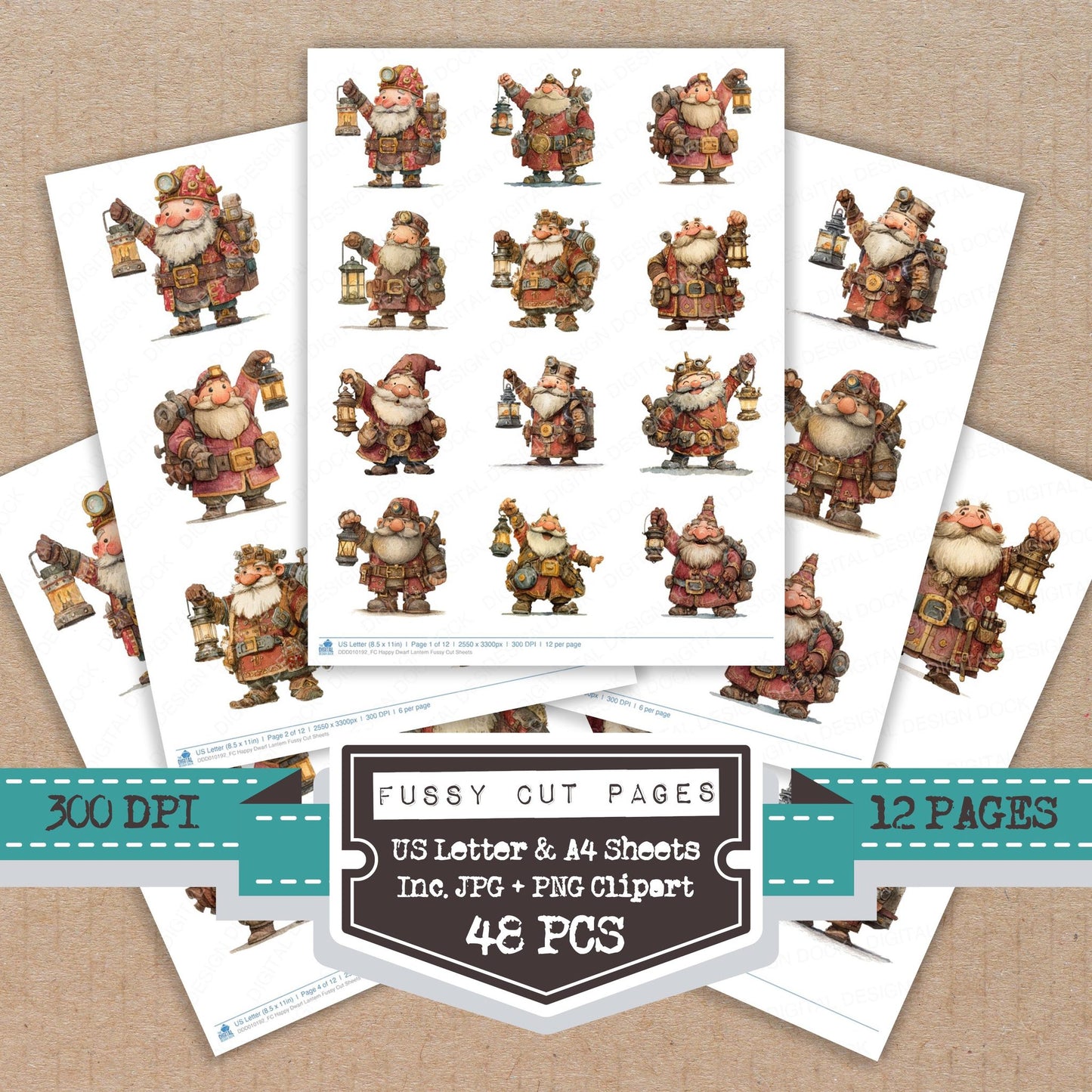 Happy Dwarf Lantern fussy cut printable sheets for junk journaling, scrapbooking, and paper craft projects