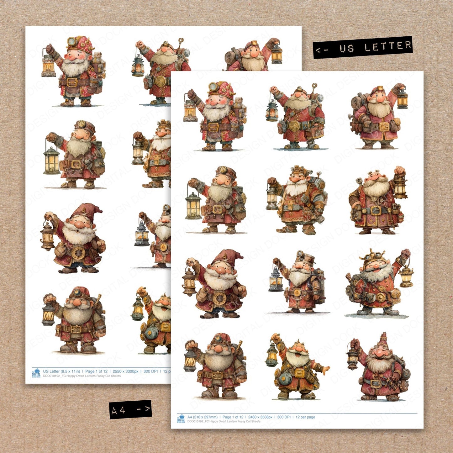 A4 and US Letter format comparison showing Happy Dwarf Lantern fussy cut pages for print and cut crafting