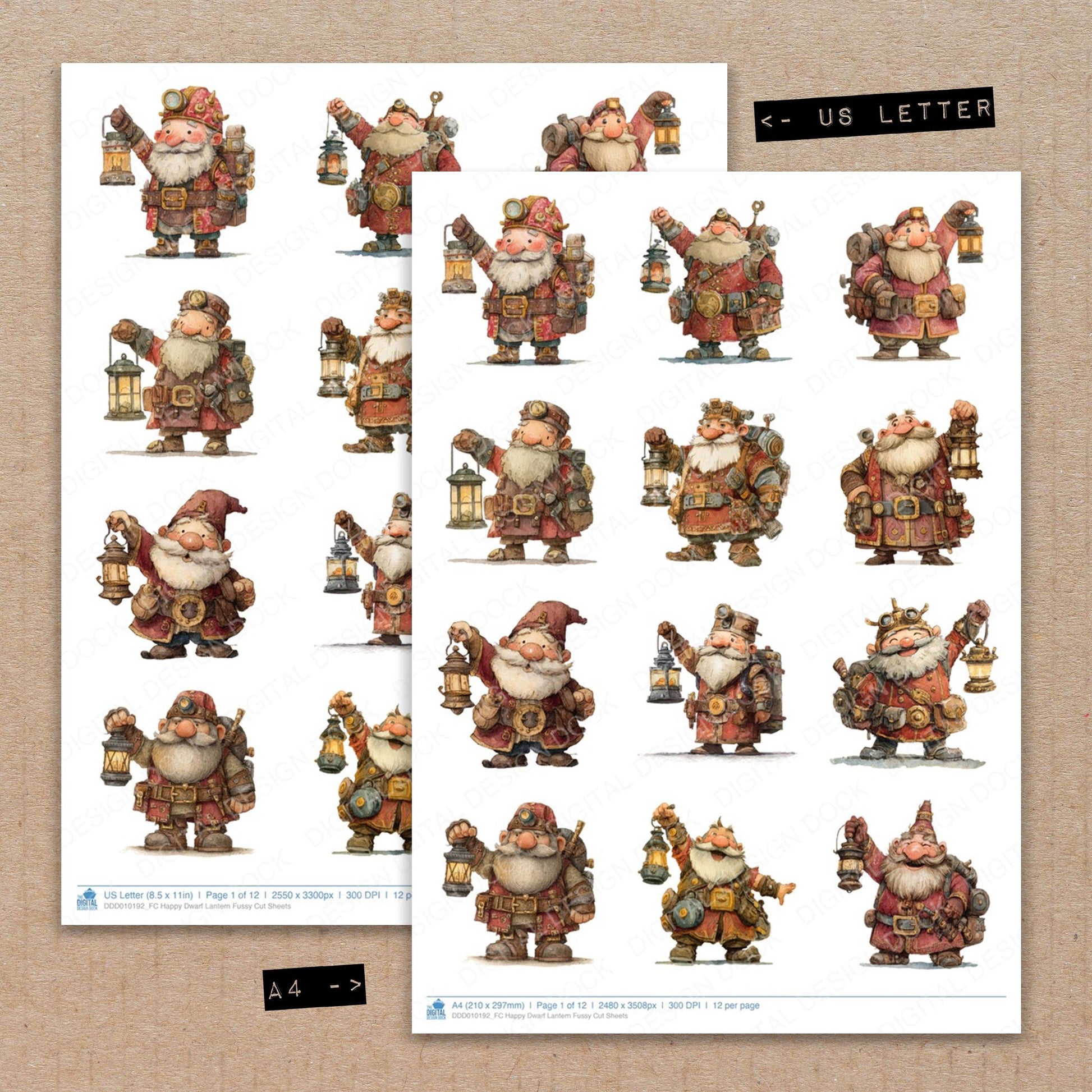 A4 and US Letter format comparison showing Happy Dwarf Lantern fussy cut pages for print and cut crafting