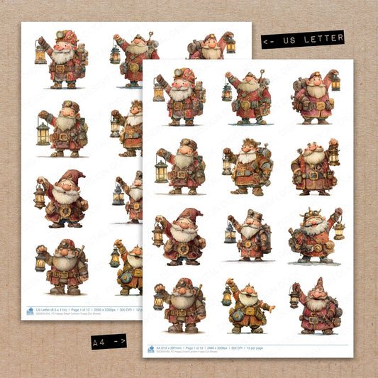 A4 and US Letter format comparison showing Happy Dwarf Lantern fussy cut pages for print and cut crafting