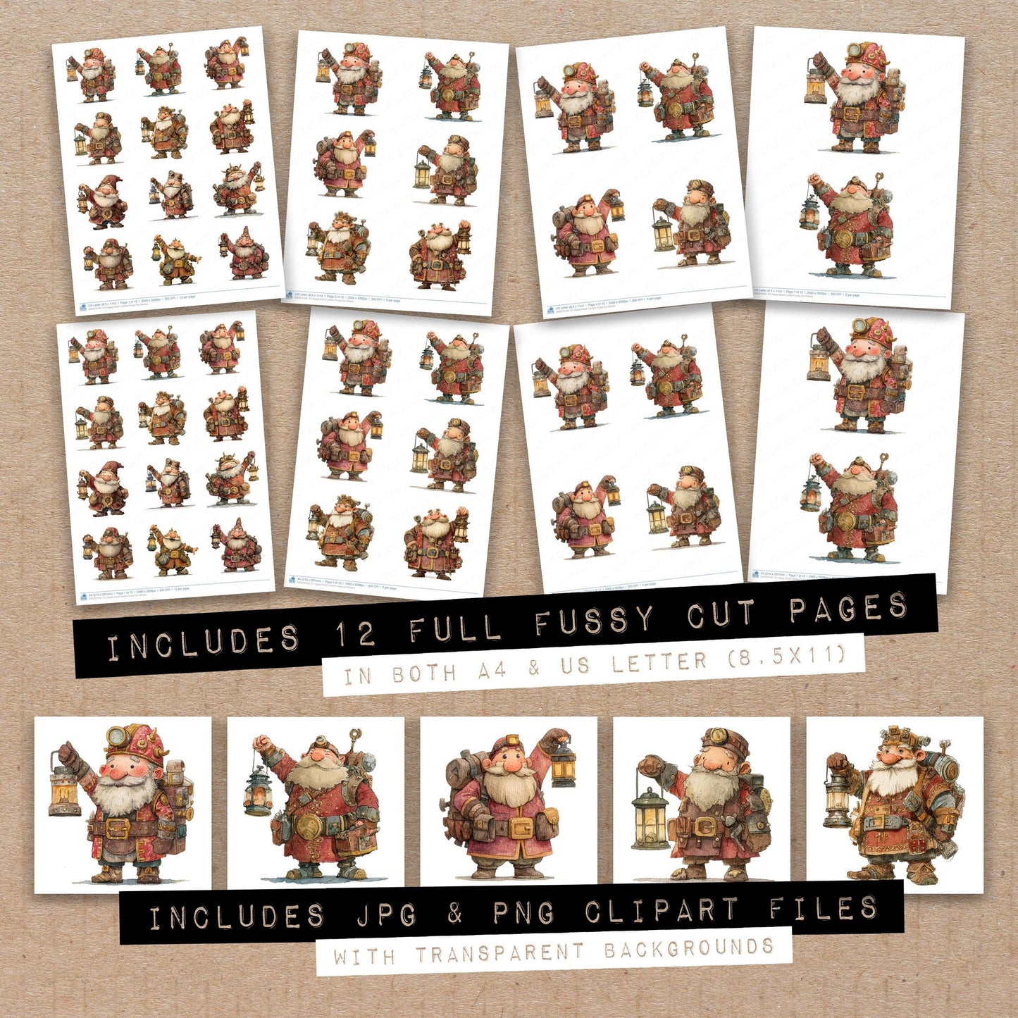 Full collection view of Happy Dwarf Lantern fussy cut sheets with bonus clipart JPG and PNG files