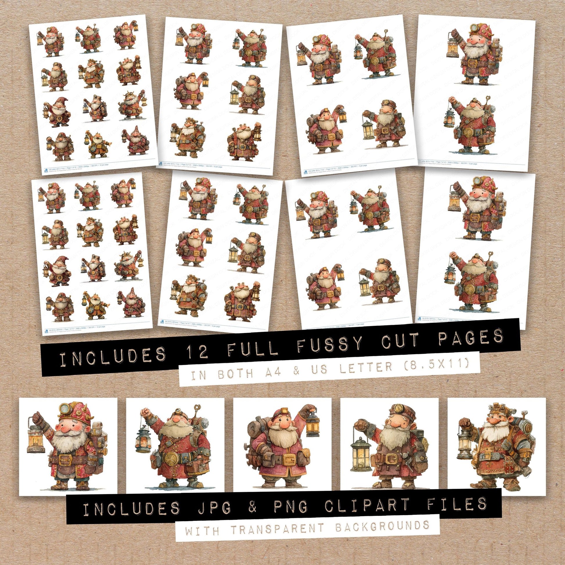 Full collection view of Happy Dwarf Lantern fussy cut sheets with bonus clipart JPG and PNG files