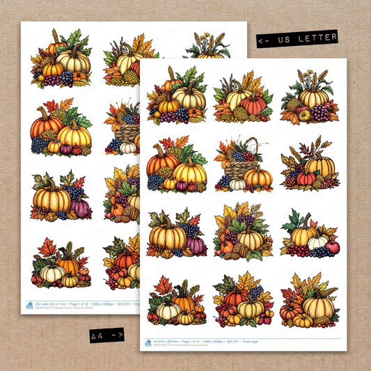 A4 and US Letter format comparison showing Harvest Festival fussy cut pages for print and cut crafting