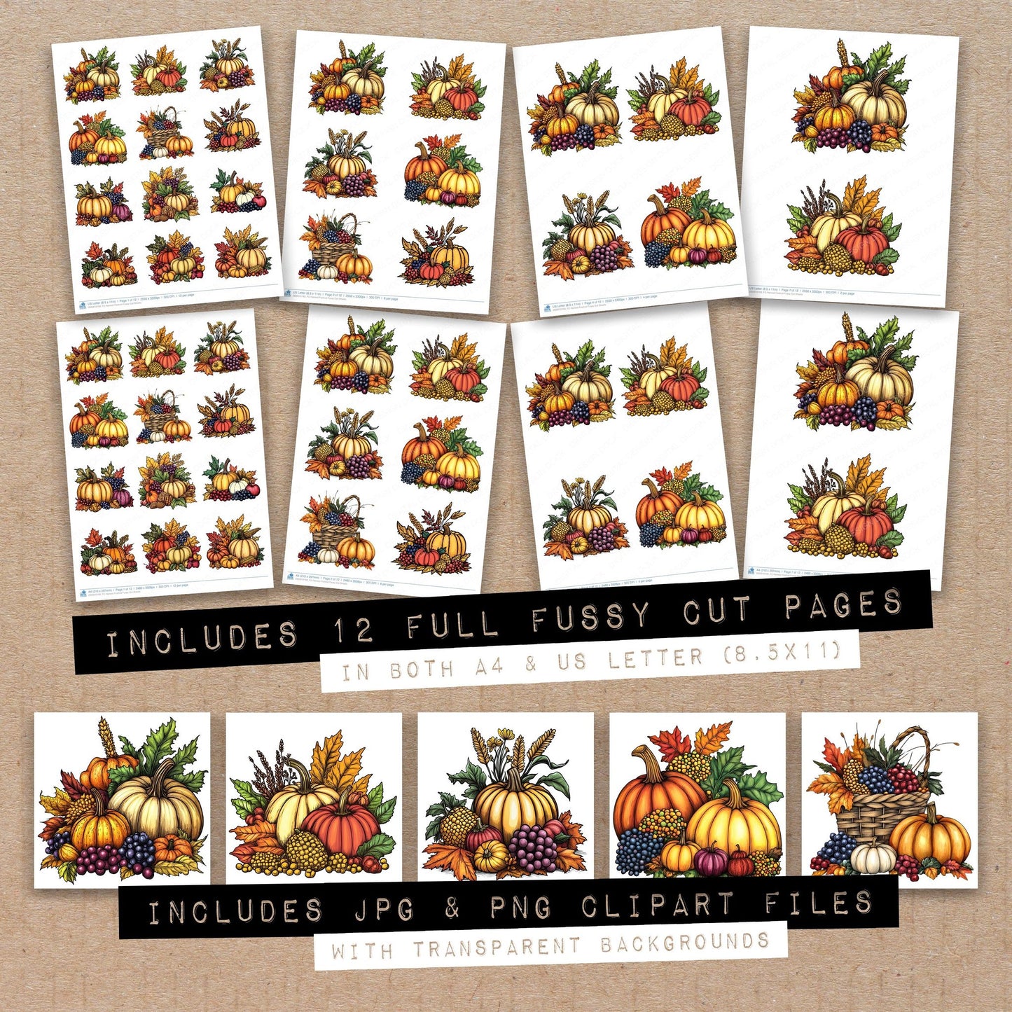 Full collection view of Harvest Festival fussy cut sheets with bonus clipart JPG and PNG files