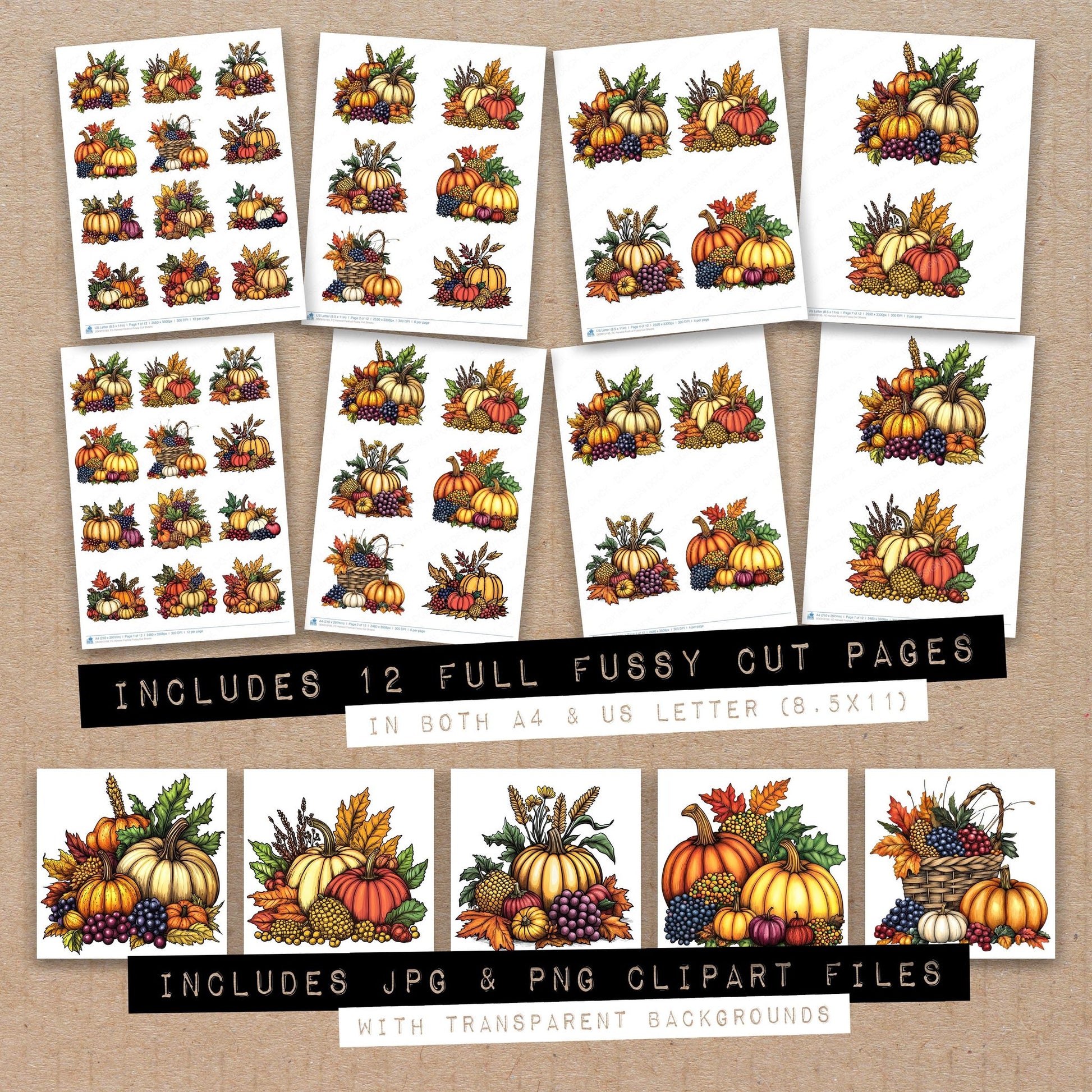 Full collection view of Harvest Festival fussy cut sheets with bonus clipart JPG and PNG files