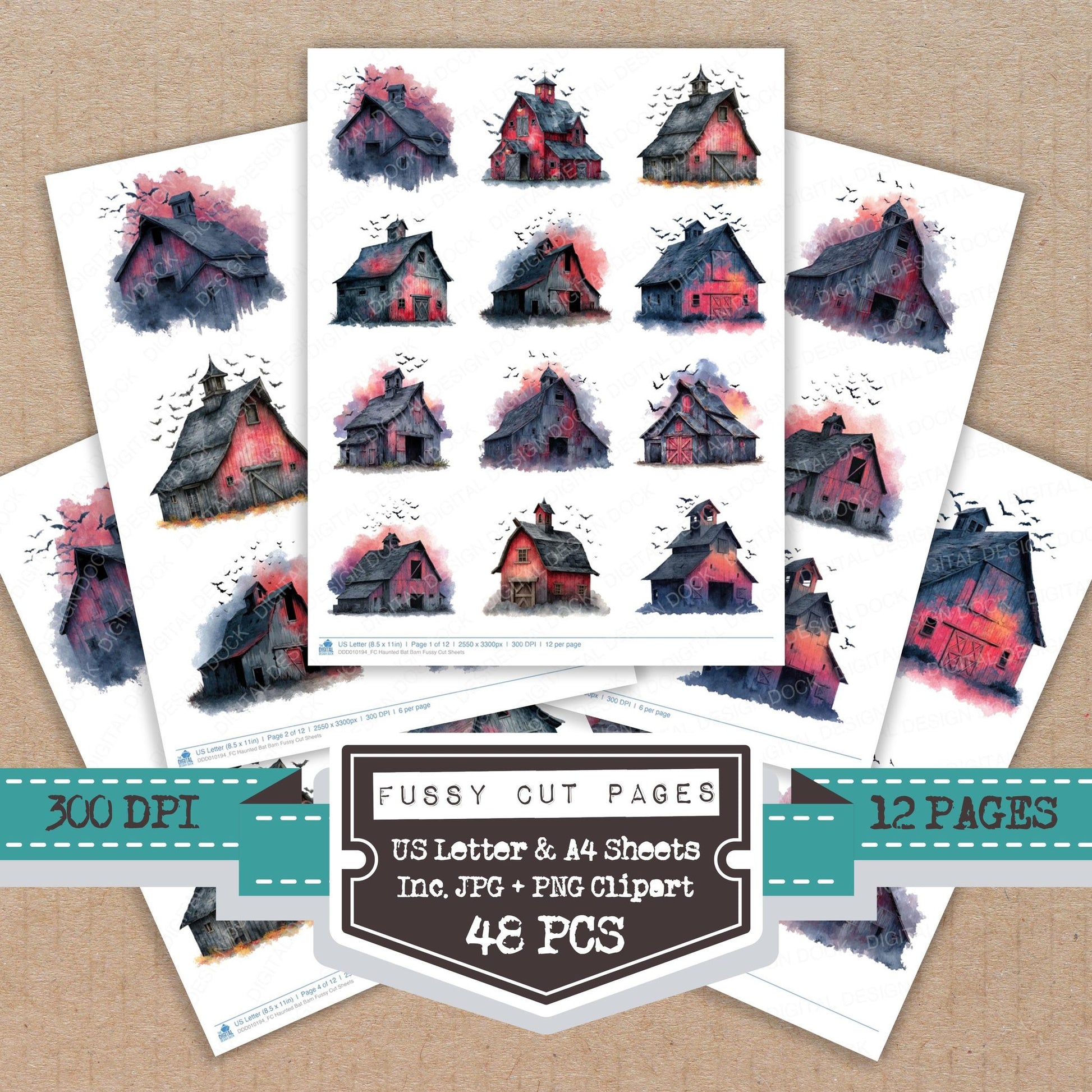 Haunted Bat Barn fussy cut printable sheets for junk journaling, scrapbooking, and paper craft projects